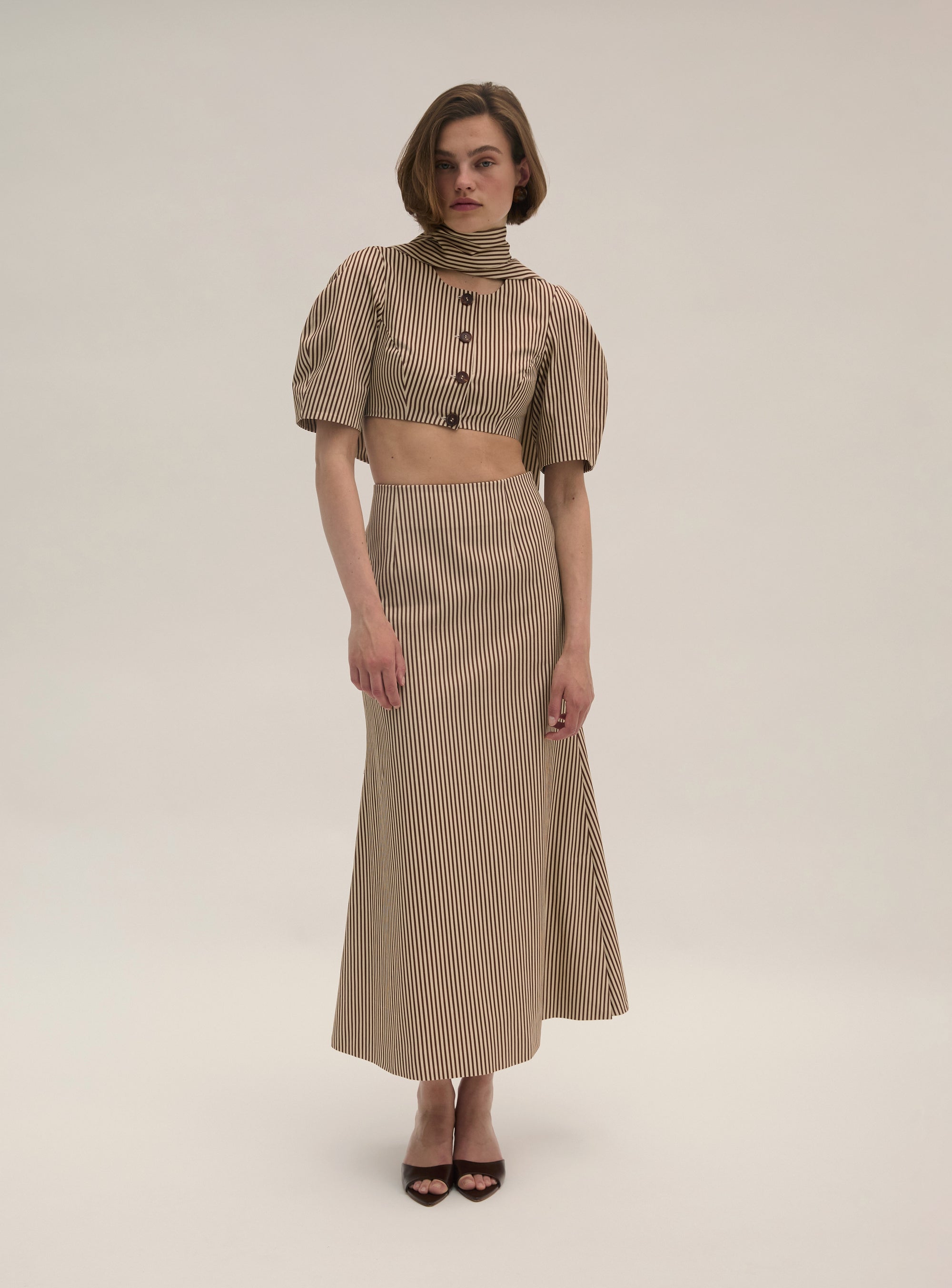 Cotton Twill Stripe Fluted Skirt